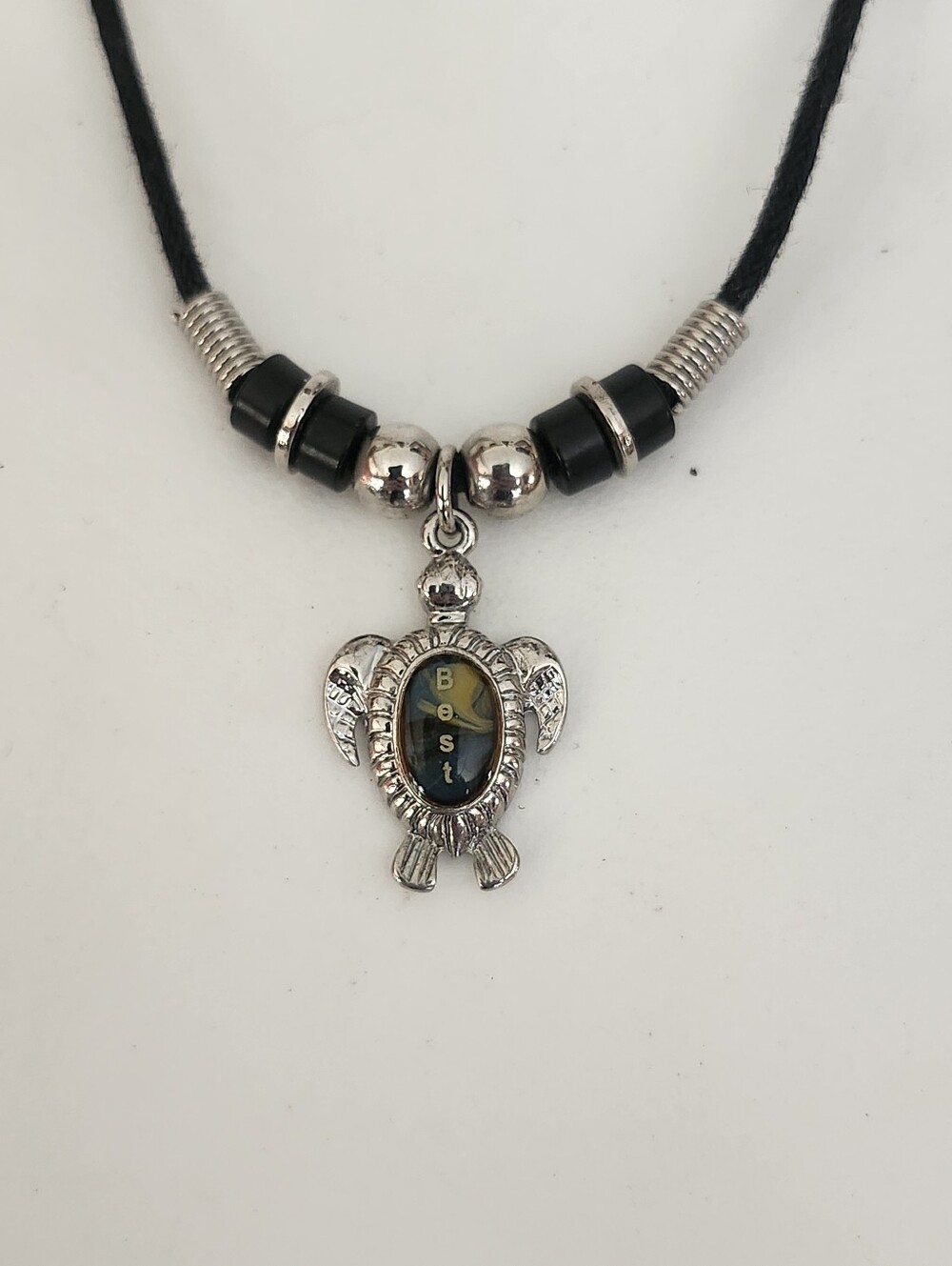 Silver Tone Sea Turtle Pendant Necklace with Black Cord
